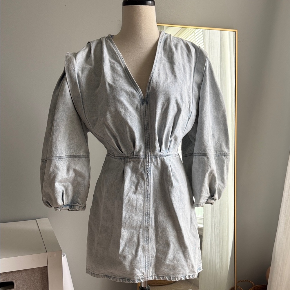 Zara Light Blue Denim Mini Dress with Puff Sleeves